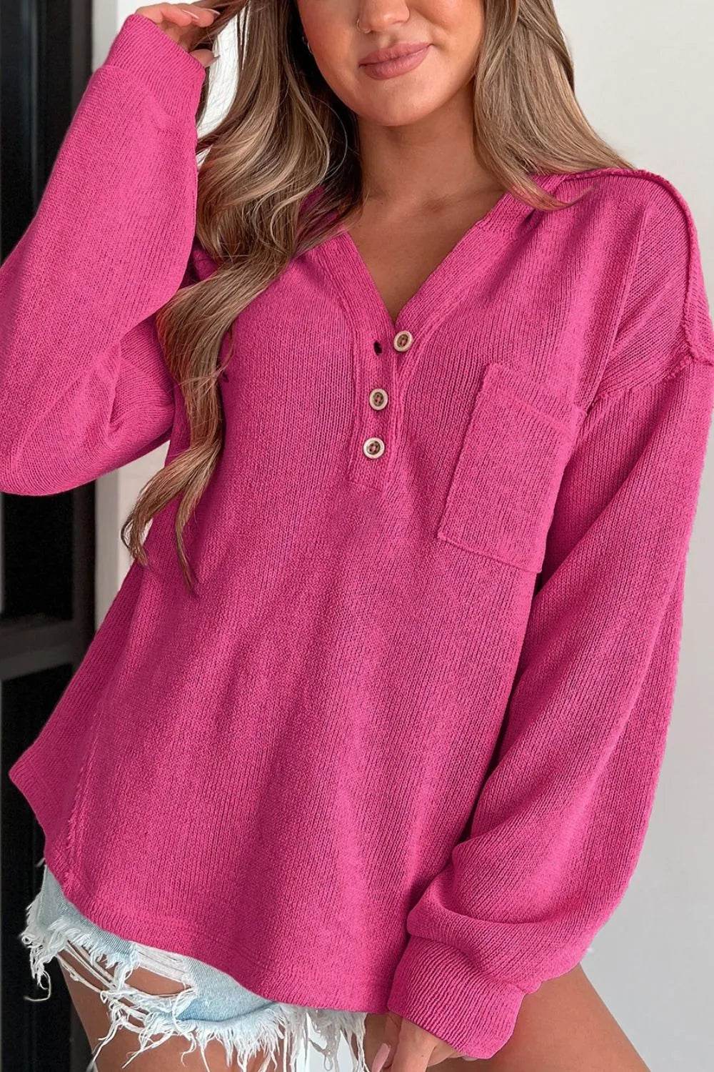 Exposed Seam Detail Henley Knit Hoodie - Byyde