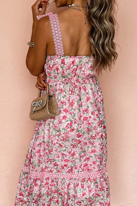 Floral Lace Tied Strap Square Neck Dress with Pockets - Byyde