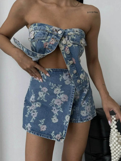 Floral Print Strapless Top and Skort Denim Set - Byyde