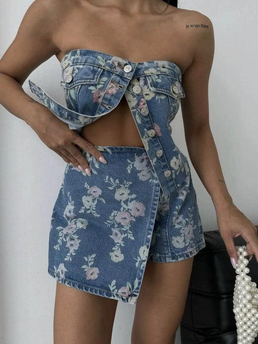Floral Print Strapless Top and Skort Denim Set - Byyde