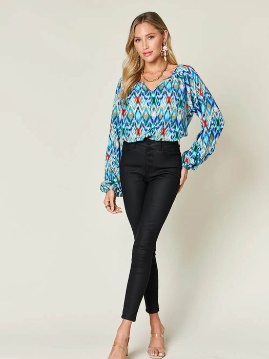 Double Take Full Size Printed Balloon Sleeve Blouse - Byyde