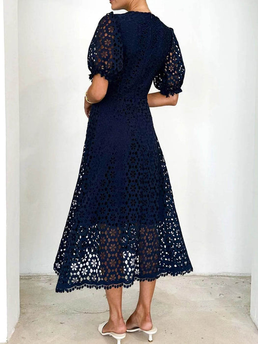 Eyelet Lace V-Neck Midi Dress with Puff Sleeves - Byyde