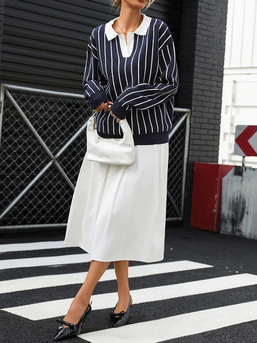 Stripe Contrast Collar Long Sleeve Knit Top - Byyde