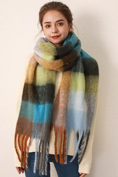 Thermal Fringe Contrast Plaid Scarf - Byyde