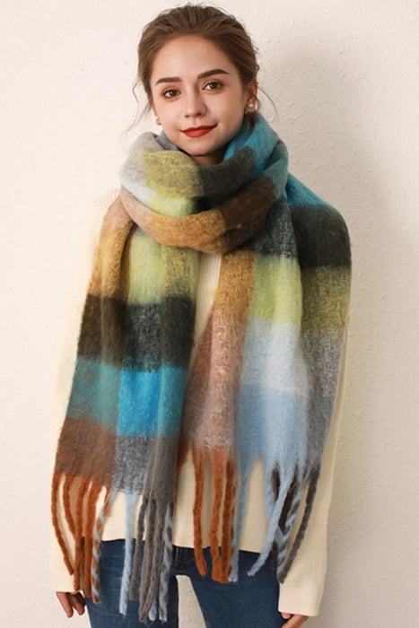 Thermal Fringe Contrast Plaid Scarf - Byyde
