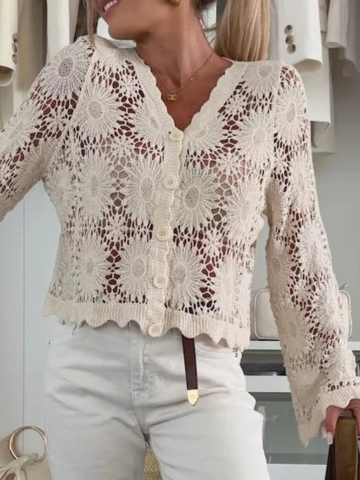 Lace V-Neck Button-Up Cardigan - Byyde
