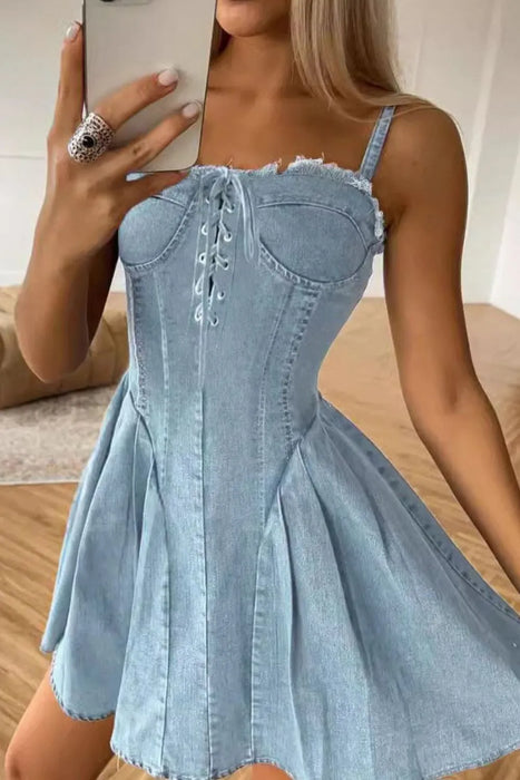Lace Up Denim Cami Dress - Byyde