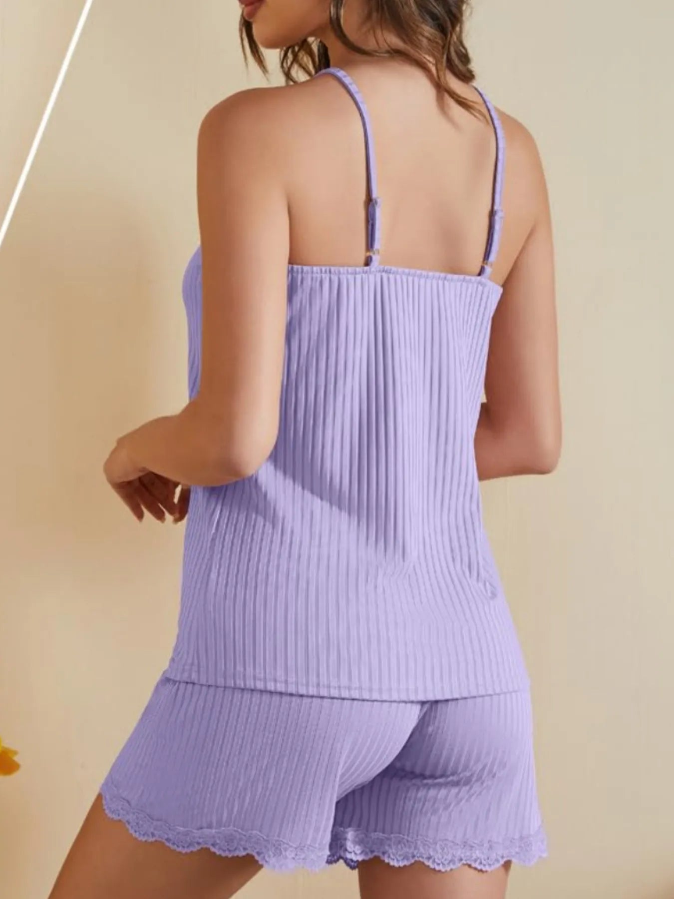 Lace-Trimmed Ribbed Cami and Shorts Lounge Set - Byyde