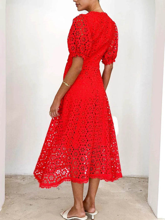 Eyelet Lace V-Neck Midi Dress with Puff Sleeves - Byyde