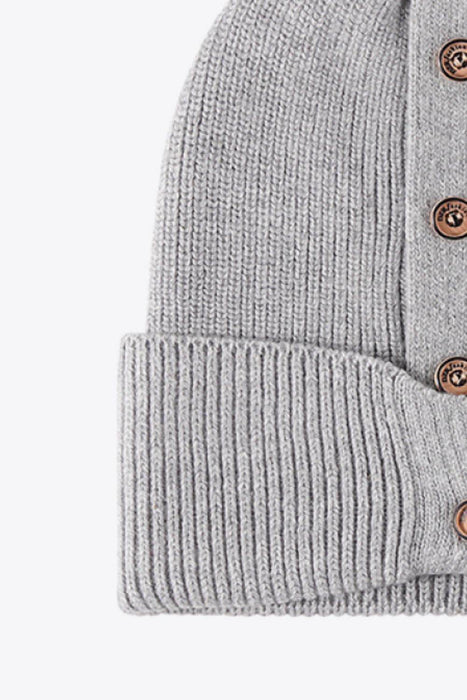 Button Detail Rib-Knit Cuff Beanie - Byyde