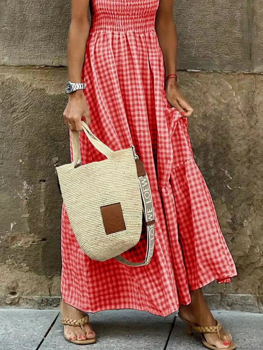 Smocked Gingham Maxi Dress with Ruffle Straps - Byyde