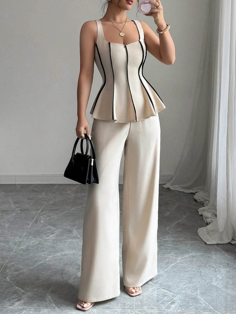 Contrast Piping Top and Wide Leg Pants Set - Byyde