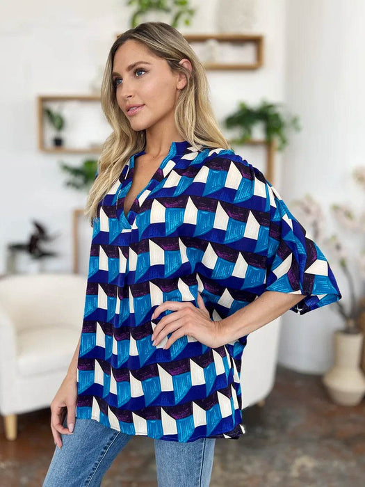 Double Take Full Size Geometric Notched Half Sleeve Blouse - Byyde