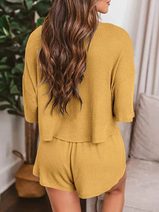 Waffle Knit Top and Shorts Lounge Set - Byyde