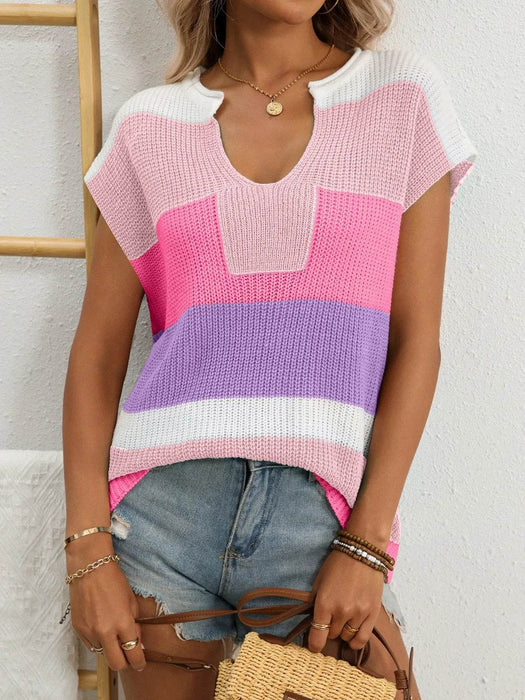 Color Block Notched Short Sleeve Knit Top - Byyde