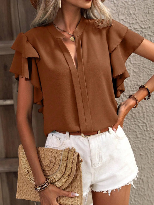 Ruffle Sleeve Notched Blouse - Byyde