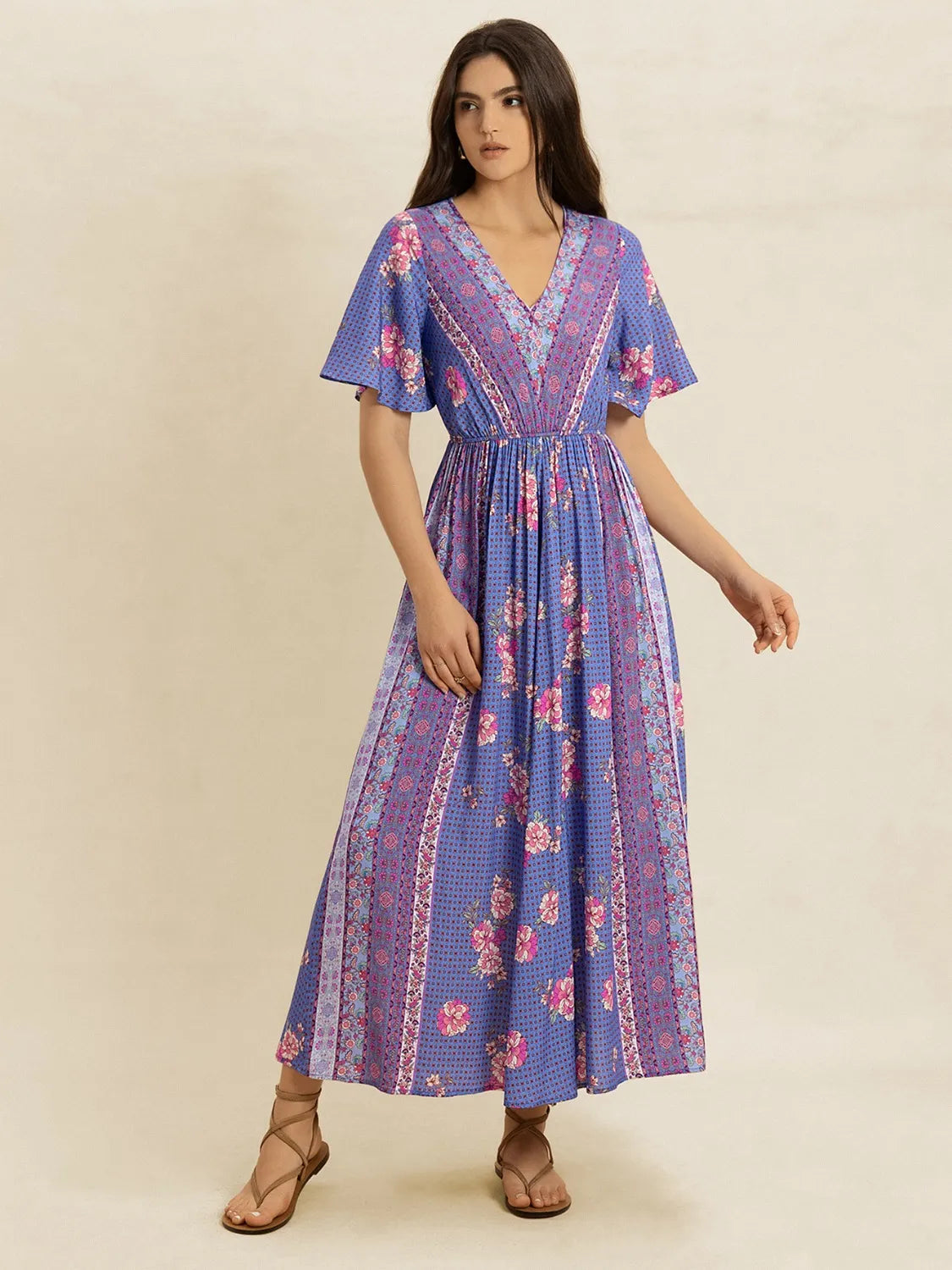 Printed Short Sleeve Midi Dress - Byyde