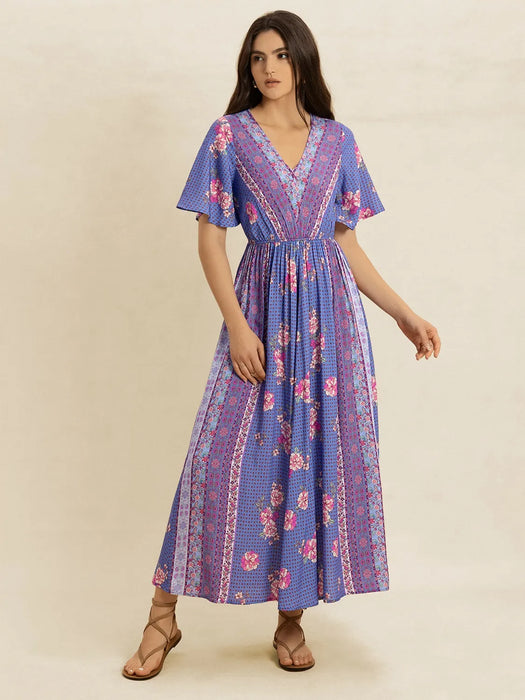 Printed Short Sleeve Midi Dress - Byyde