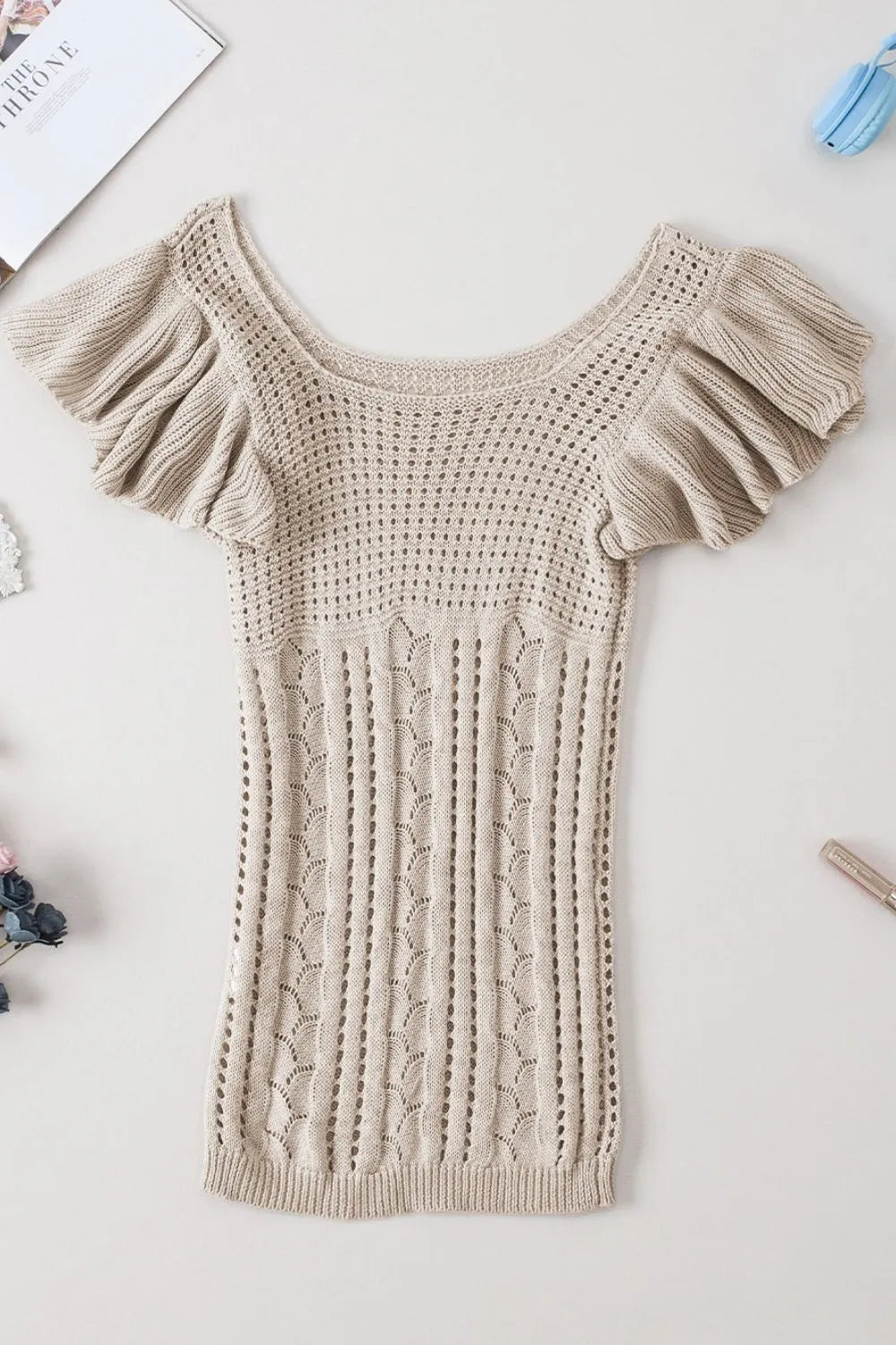 Openwork Ruffled Scoop Neck Knit Top - Byyde