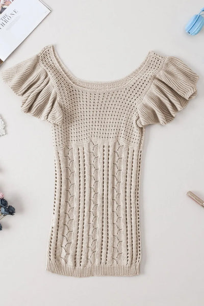 Openwork Ruffled Scoop Neck Knit Top - Byyde