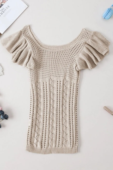 Openwork Ruffled Scoop Neck Knit Top - Byyde