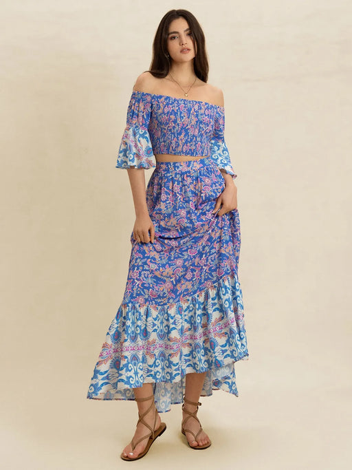 Smocked Off-Shoulder Printed Top and Skirt Set - Byyde