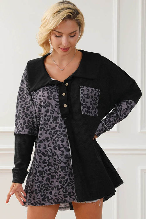 Half Button Leopard Collared Neck Blouse - Byyde