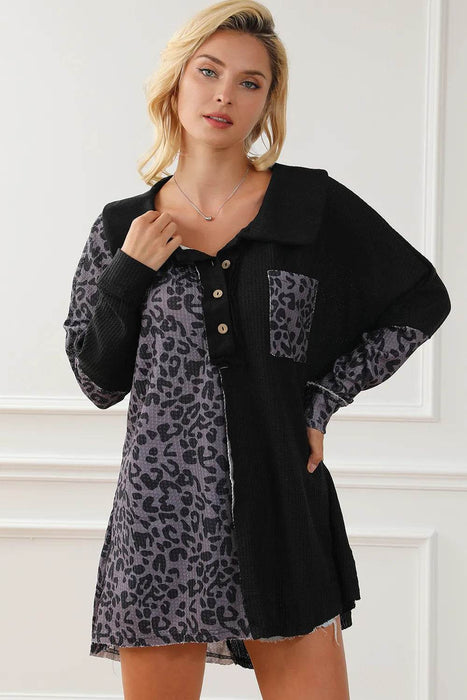 Half Button Leopard Collared Neck Blouse - Byyde