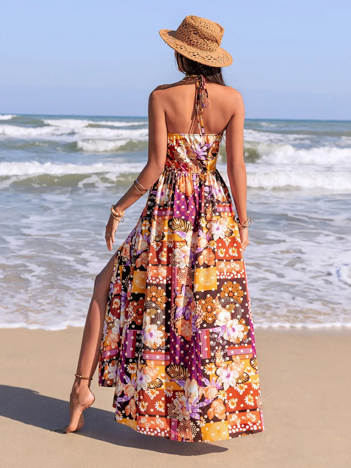 Slit Printed Halter Neck Cami Dress - Byyde