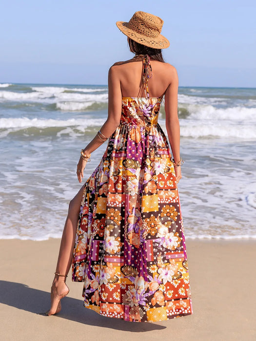 Slit Printed Halter Neck Cami Dress - Byyde