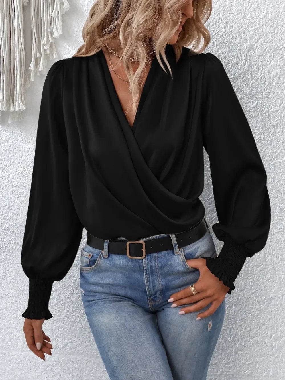 Surplice Smocked Lantern Sleeve Blouse - Byyde