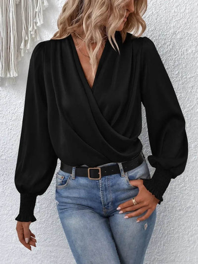 Surplice Smocked Lantern Sleeve Blouse - Byyde