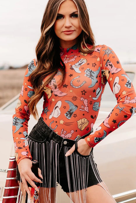 Printed Mock Neck Long Sleeve Bodysuit - Byyde