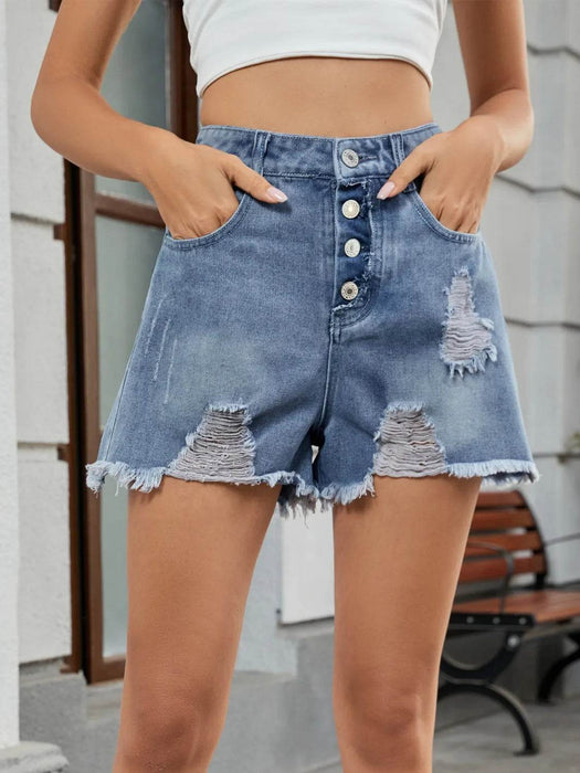 Distressed Raw Hem Denim Shorts - Byyde