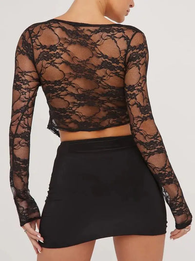 Tied Plunge Long Sleeve Lace Cropped Shirt - Byyde