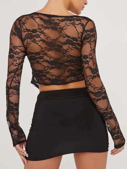 Tied Plunge Long Sleeve Lace Cropped Shirt - Byyde
