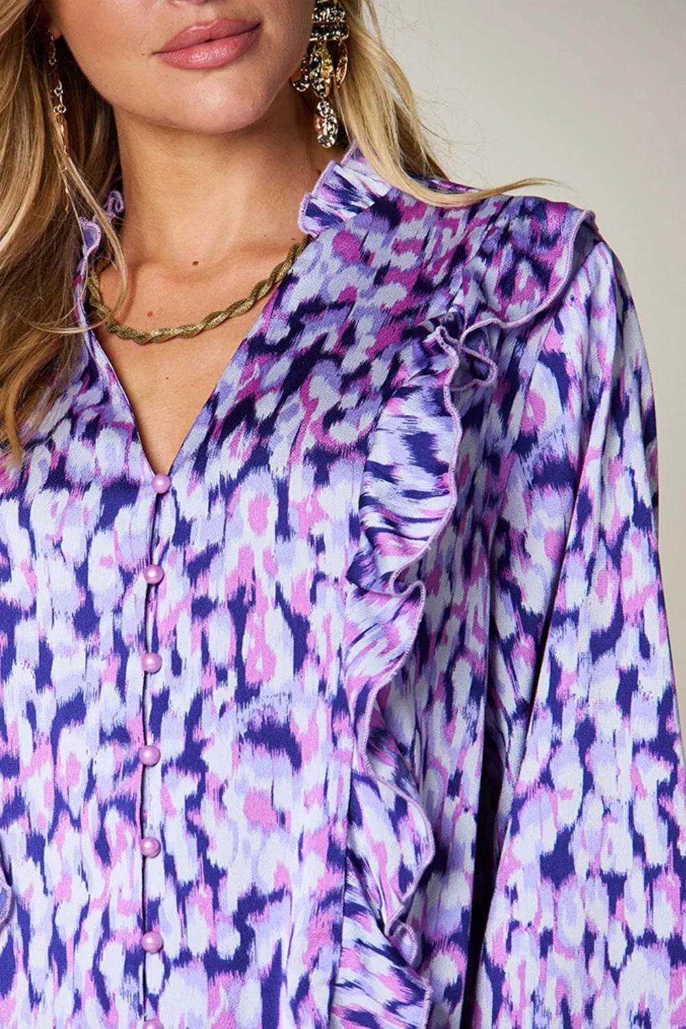 Double Take Full Size Printed Ruffle Trim Balloon Sleeve Shirt - Byyde