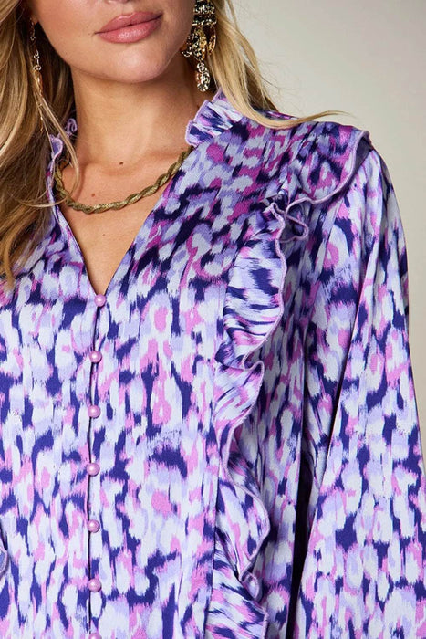 Double Take Full Size Printed Ruffle Trim Balloon Sleeve Shirt - Byyde