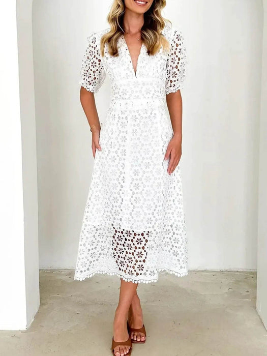 Eyelet Lace V-Neck Midi Dress with Puff Sleeves - Byyde