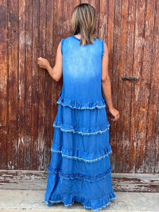 Raw Hem Layered Denim Maxi Dress - Byyde