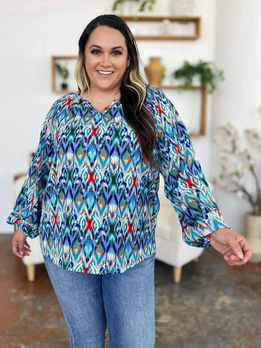 Double Take Full Size Printed Balloon Sleeve Blouse - Byyde