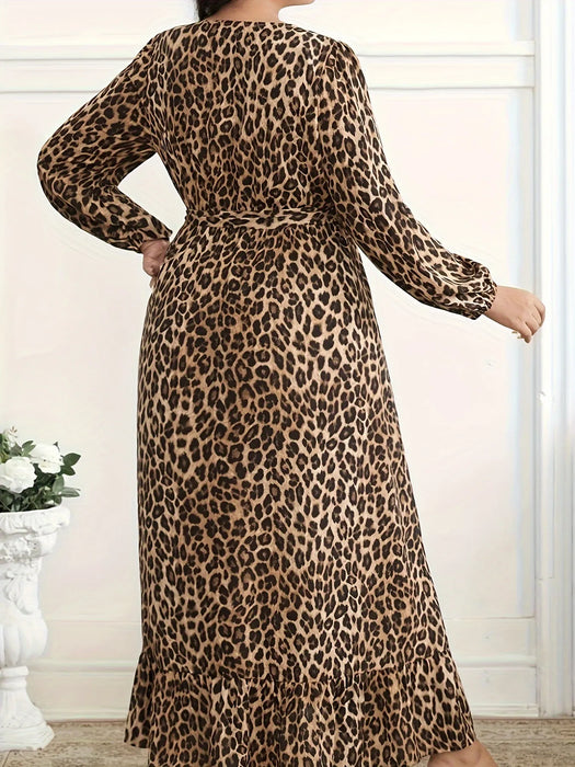Plus Size Leopard Print Surplice Maxi Dress - Byyde