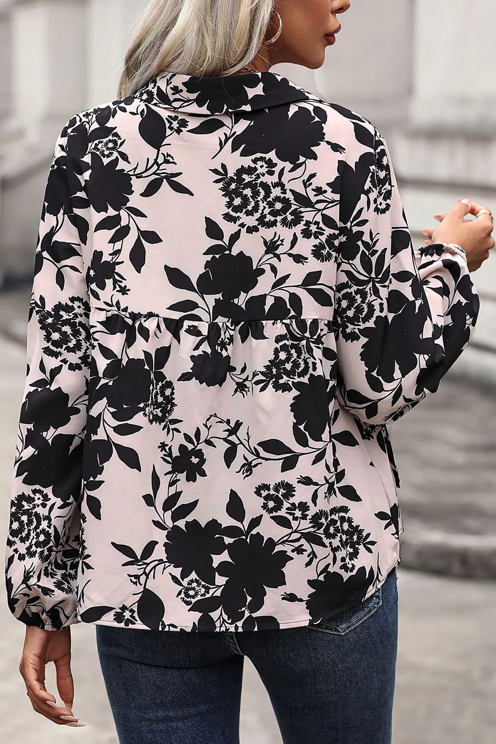 Perfee Printed Tie Neck Balloon Sleeve Blouse - Byyde