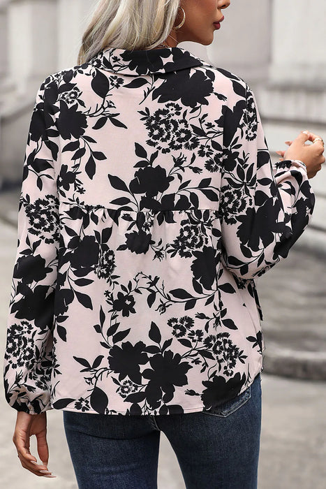 Perfee Printed Tie Neck Balloon Sleeve Blouse - Byyde