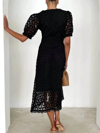 Eyelet Lace V-Neck Midi Dress with Puff Sleeves - Byyde