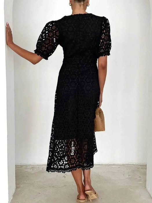 Eyelet Lace V-Neck Midi Dress with Puff Sleeves - Byyde