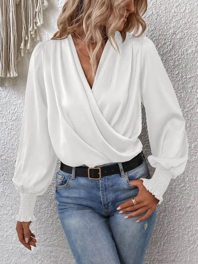 Surplice Smocked Lantern Sleeve Blouse - Byyde