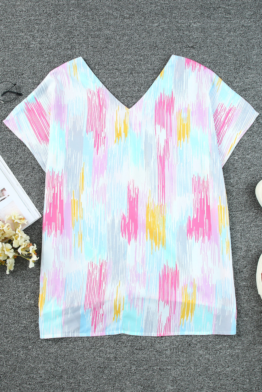 High-Low V-Neck Short Sleeve Blouse - Byyde