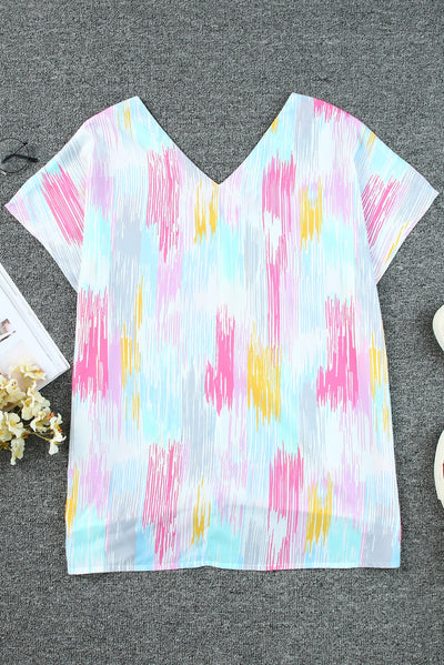 High-Low V-Neck Short Sleeve Blouse - Byyde