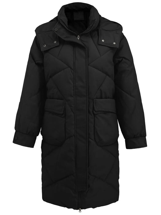 Long Sleeve Longline Hooded Winter Coat with Pockets - Byyde